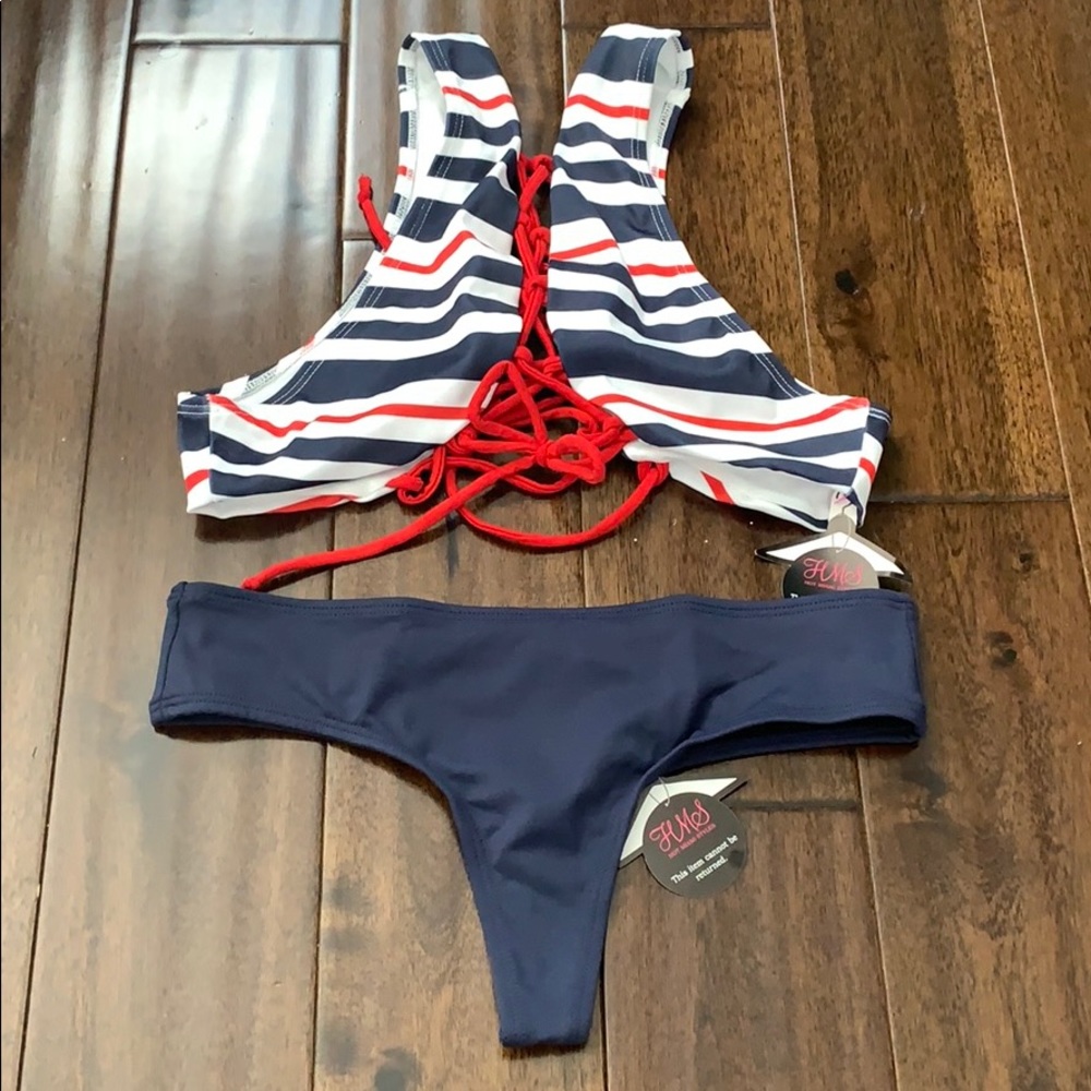 Red White Navy Laced Cheeky Bikini